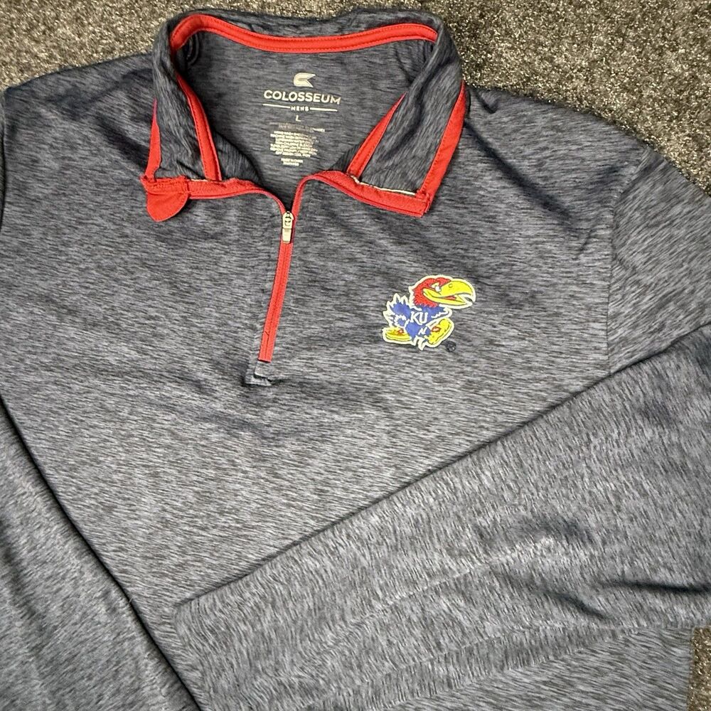 KU Kansas University Jayhawks Quarter Zip Pullover Colosseum Navy Gray Men's L